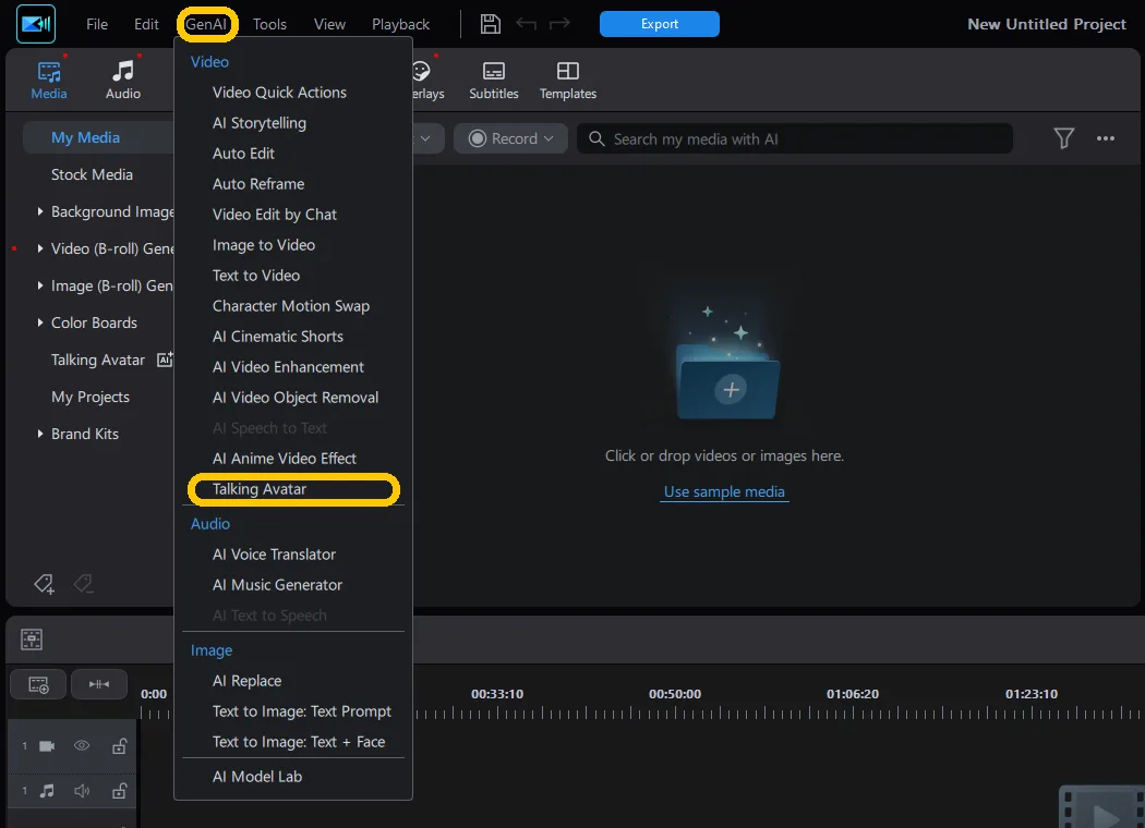 The GenAI menu open in PowerDirector, with Talking Avatar highlighted at the bottom of the Video section.