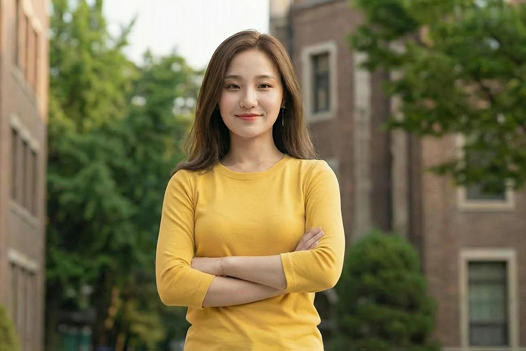 A portrait of a woman in a yellow top standing outdoors with her arms folded, the photograph used as the avatar.