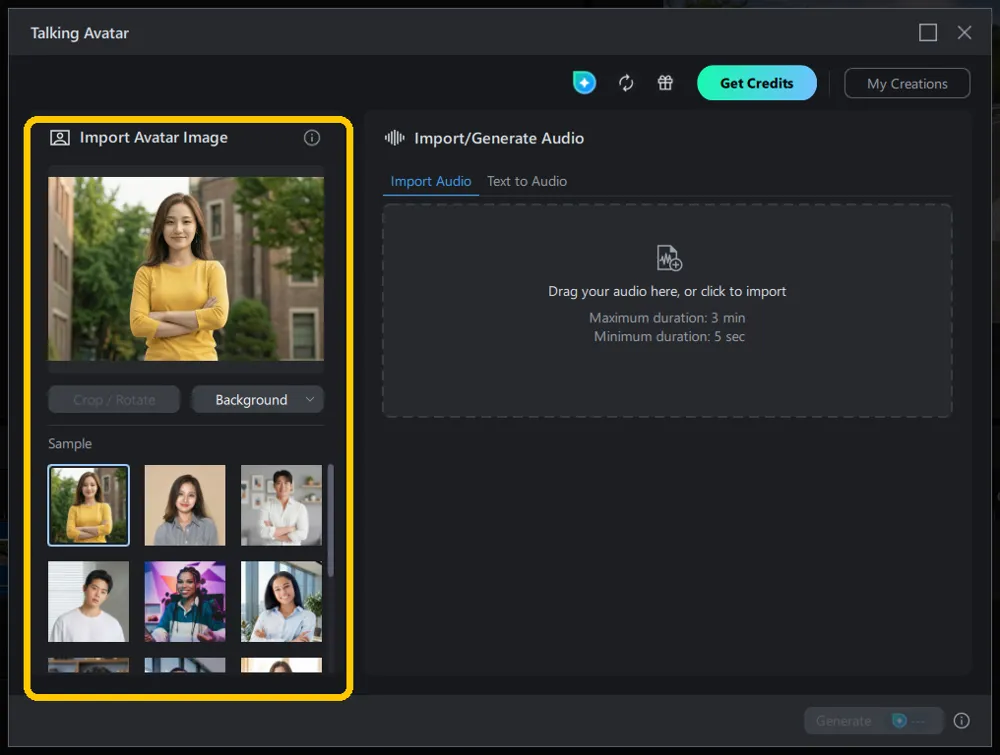 The Import Avatar Image panel of the Talking Avatar window, with a portrait loaded, the Crop / Rotate and Background buttons below it, and the Sample gallery underneath.