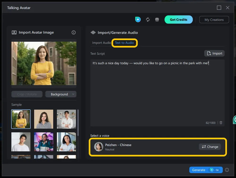 The Text to Audio tab of the Talking Avatar window with a script typed in and the Select a voice row showing the loaded voice and a Change button.