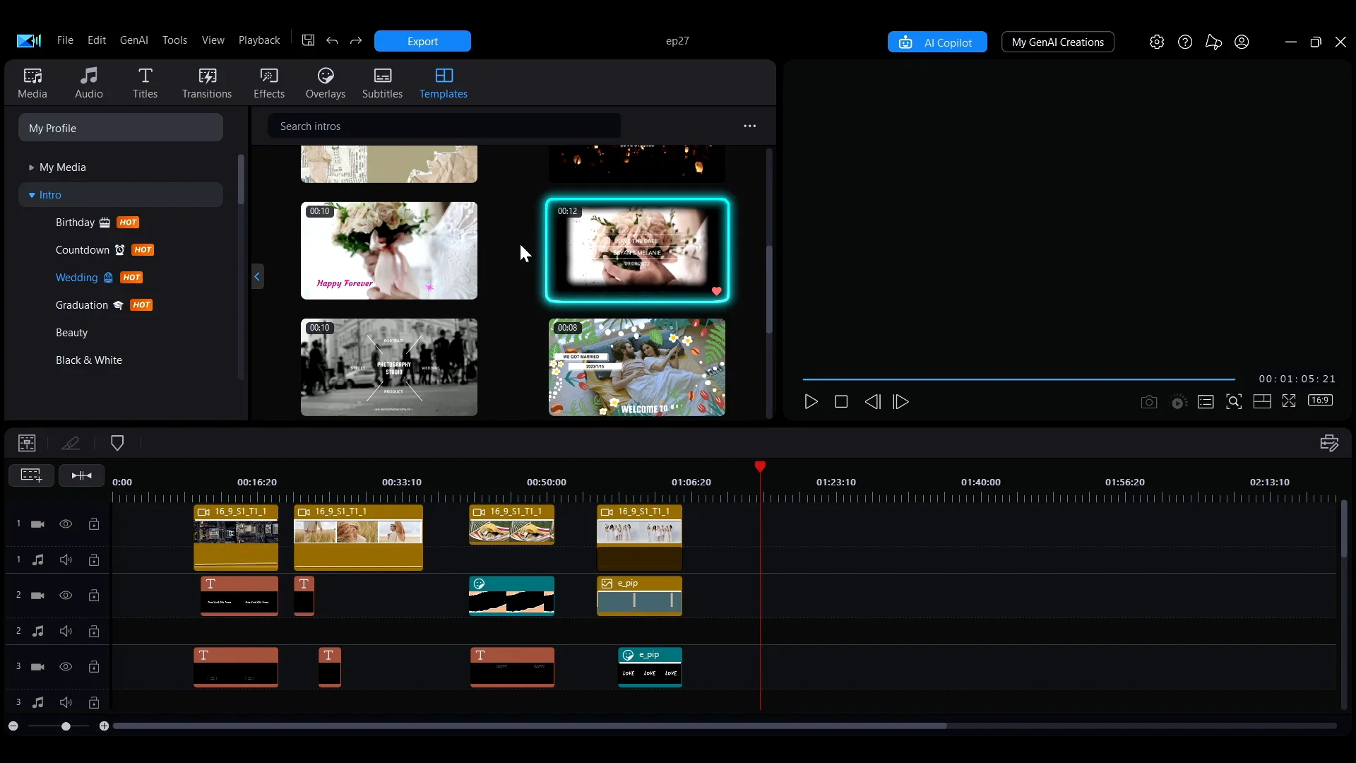 The Templates room in PowerDirector with occasion categories in the sidebar and a grid of intro template thumbnails.