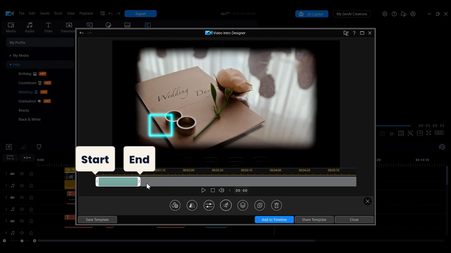 An object selected in the Video Intro Designer with its own timeline showing draggable start and end handles.