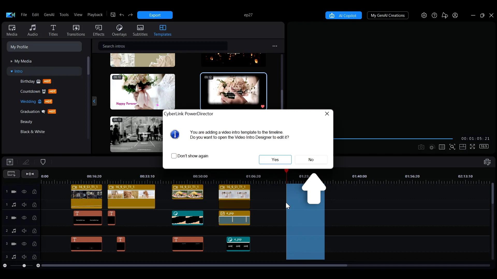 The PowerDirector dialog asking whether to open the Video Intro Designer to edit the template, with Yes and No buttons.