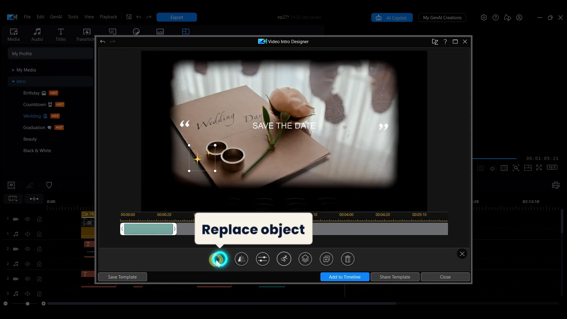 The overlay object adjustment menu in the Video Intro Designer, with the replace-object icon highlighted.