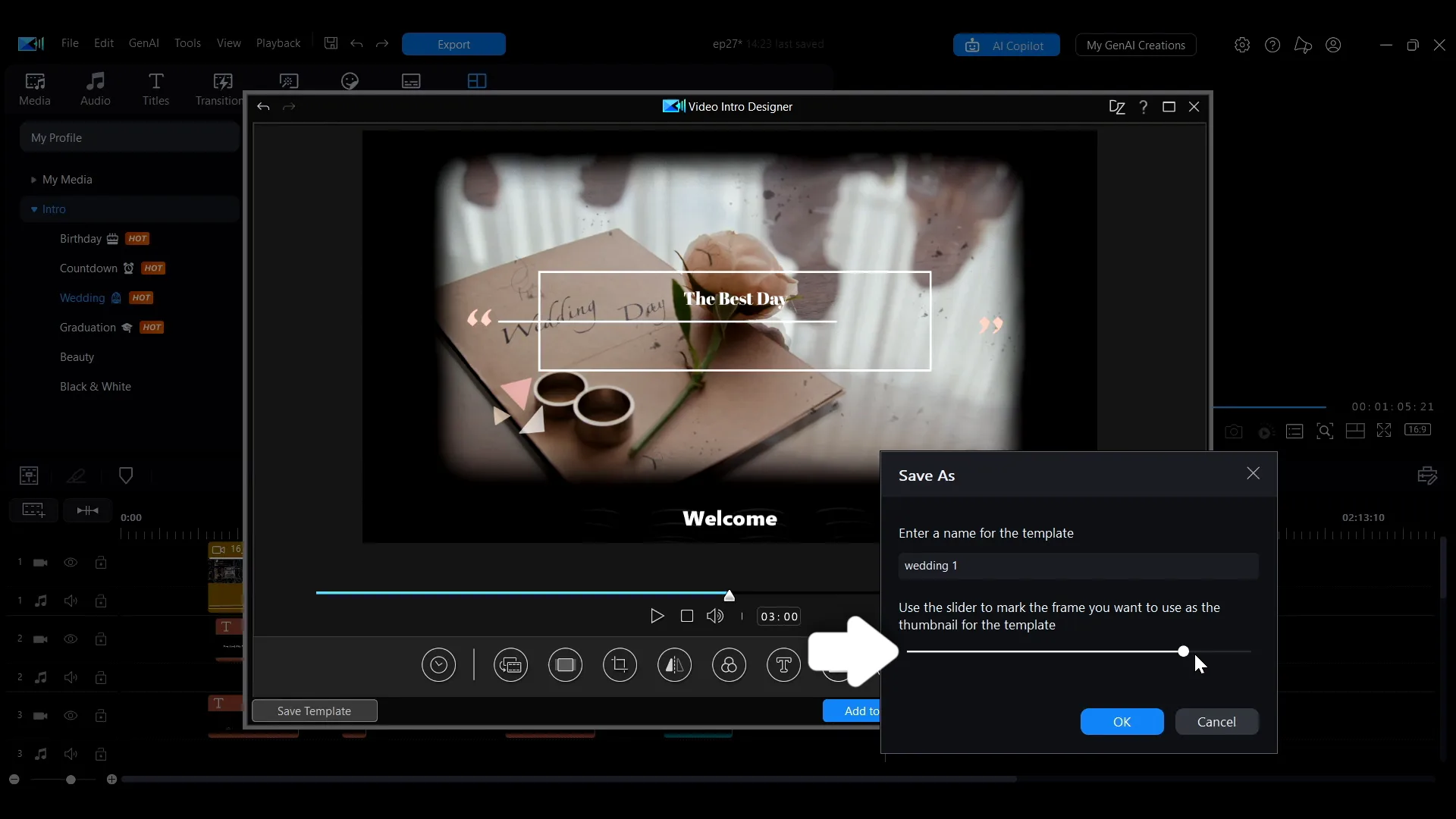 The Save As dialog in the Video Intro Designer, asking for a template name and offering a slider to choose the thumbnail frame.