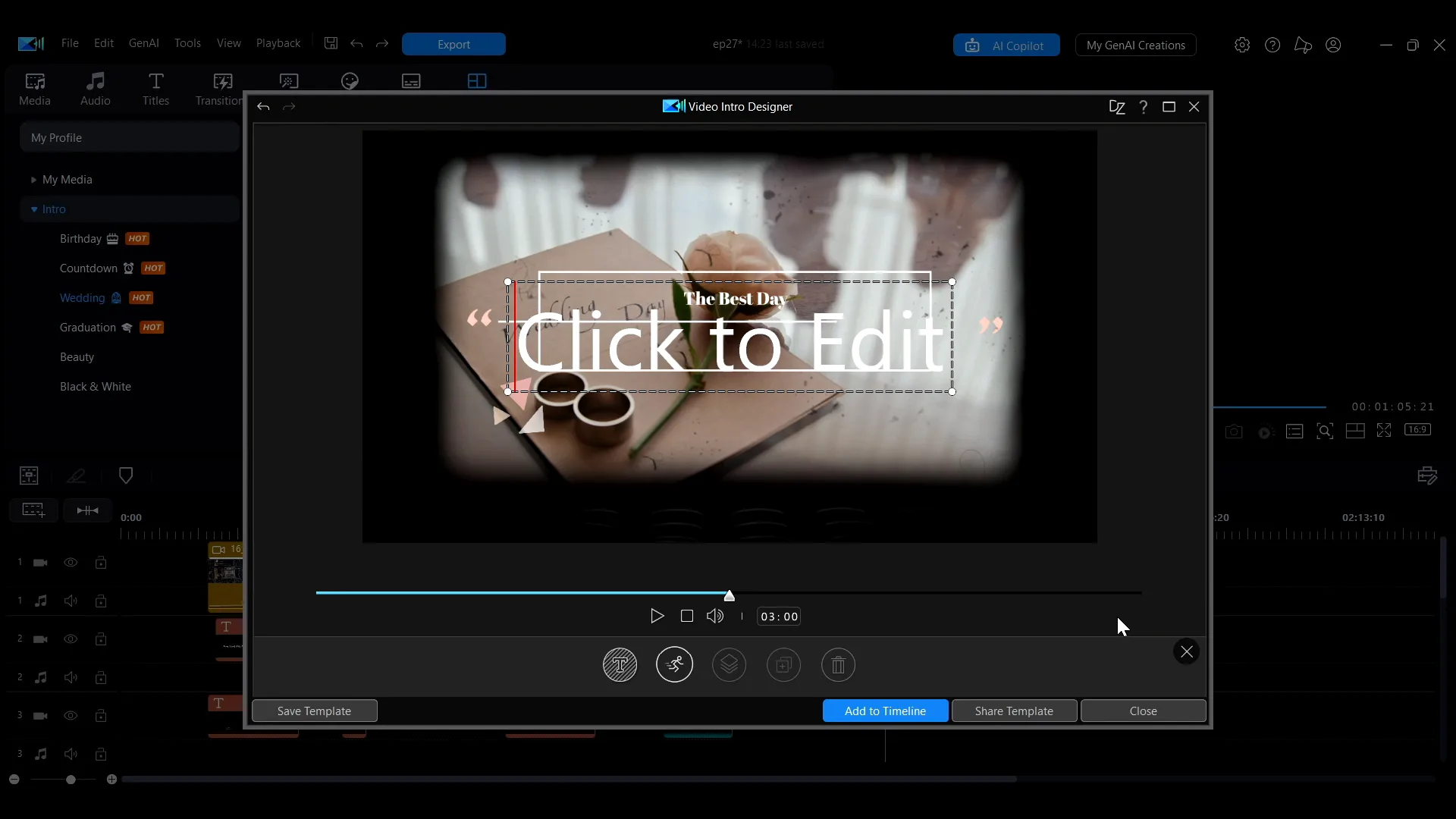 Text in a template being edited directly in the Video Intro Designer preview.