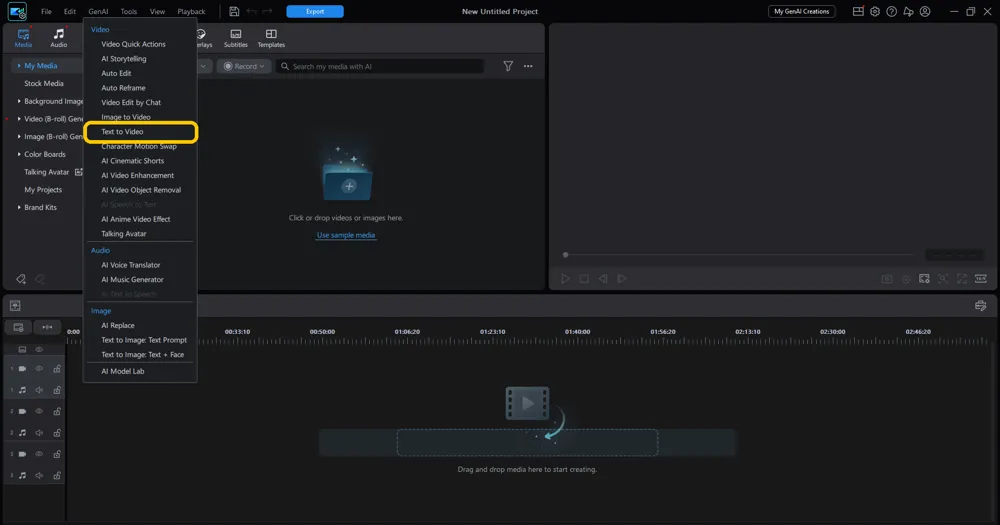 The GenAI menu open with Text to Video highlighted under the Video group