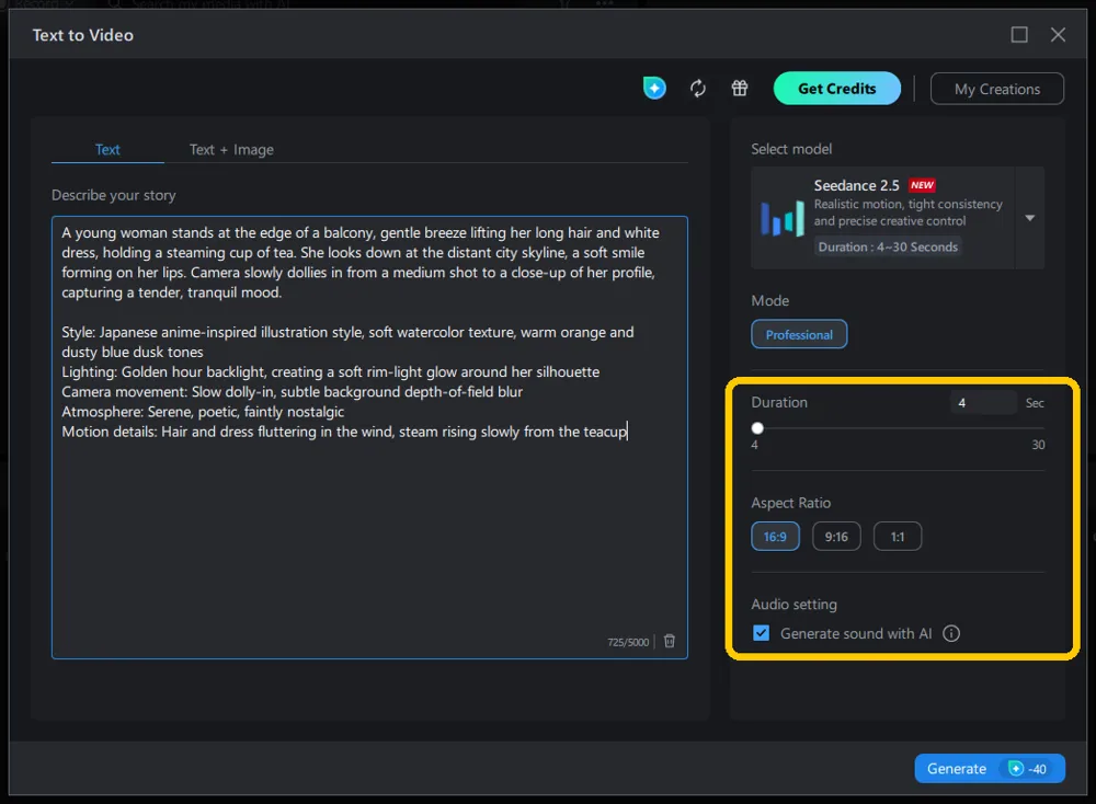The Duration slider, Aspect Ratio buttons and Audio setting highlighted