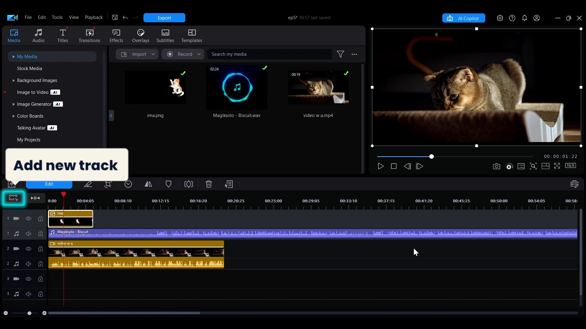The add track button highlighted in the upper-left of the timeline