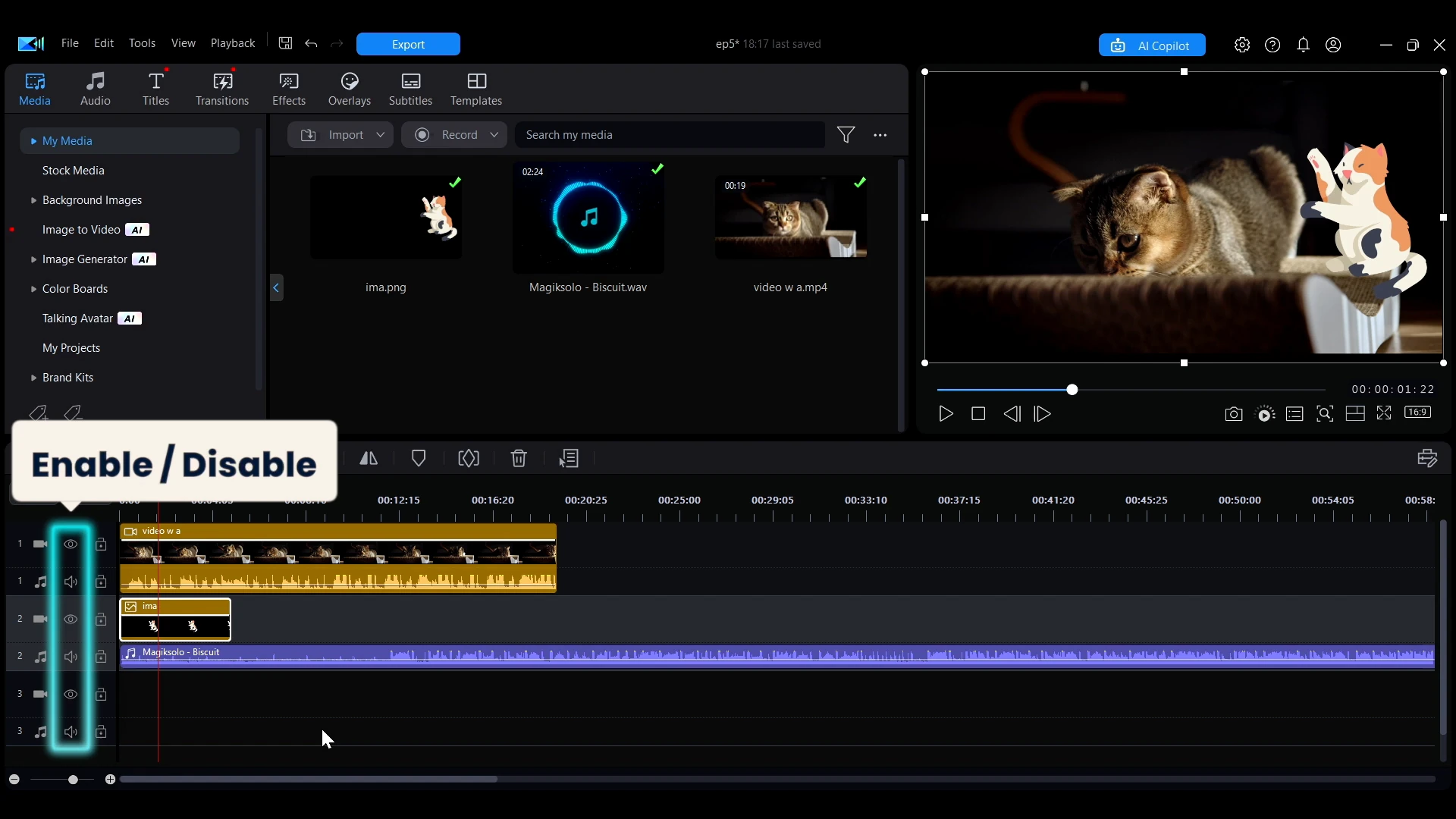 The eye and audio icons on a track used to hide video or mute audio