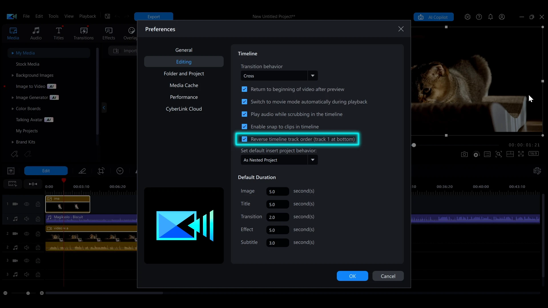 Preferences window with the Reverse timeline track order option selected under Editing