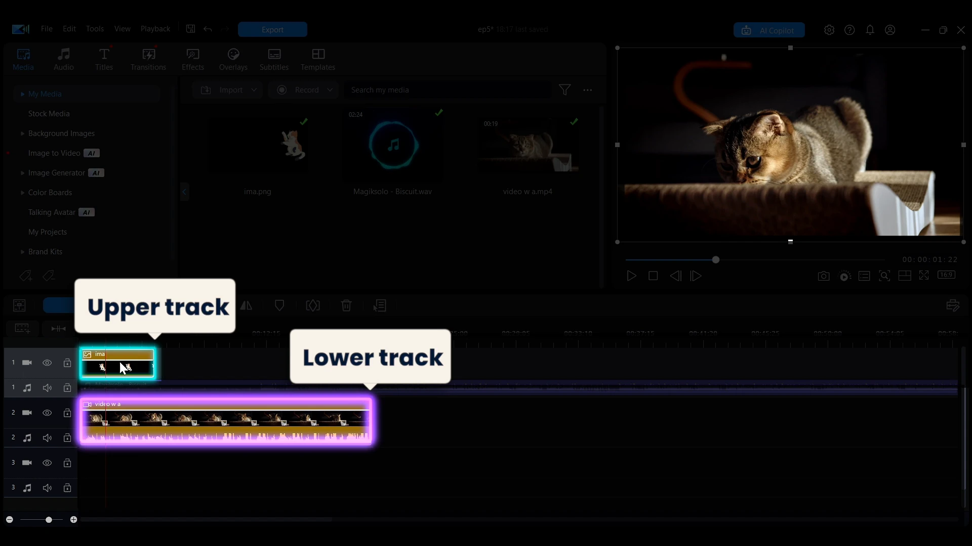 PowerDirector timeline with an image track layered over a video track