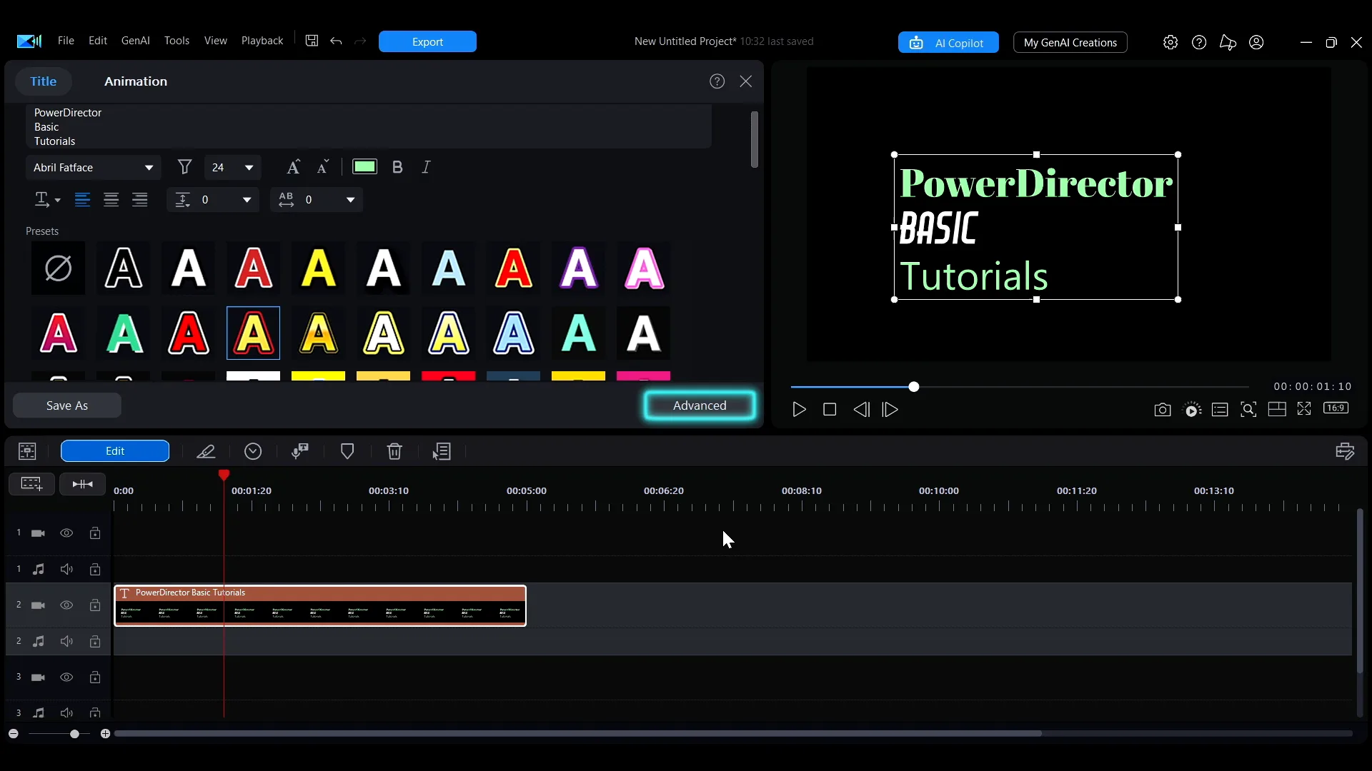 The Advanced button at the bottom right of the PowerDirector title editing panel