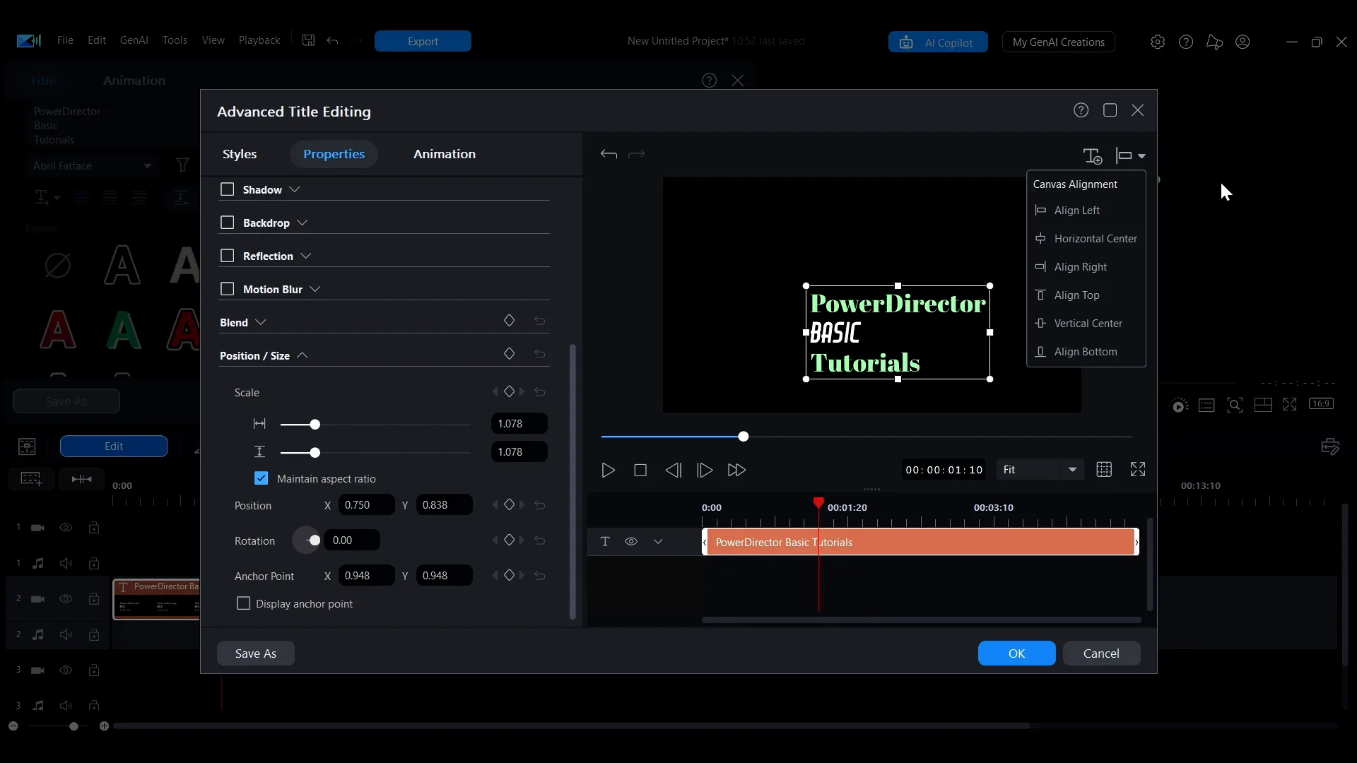 The Align Objects menu in the top right of the preview window