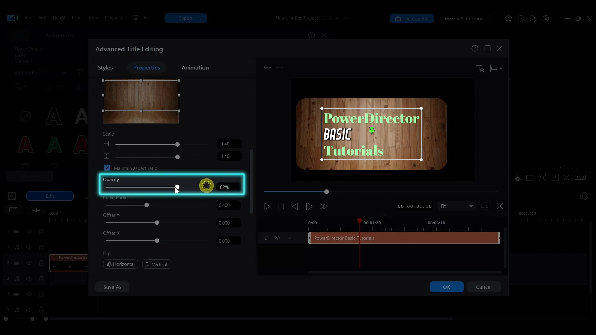 The size, opacity, curve radius and position sliders for a backdrop