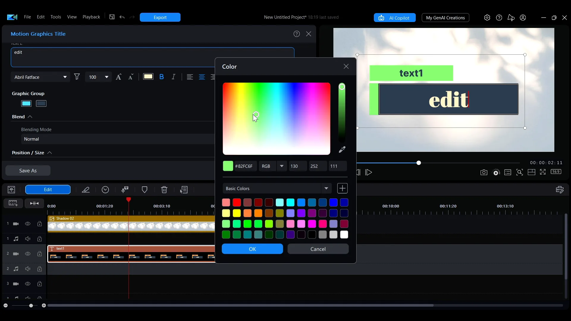 The Graphic Group color blocks in a Motion Graphic Title panel