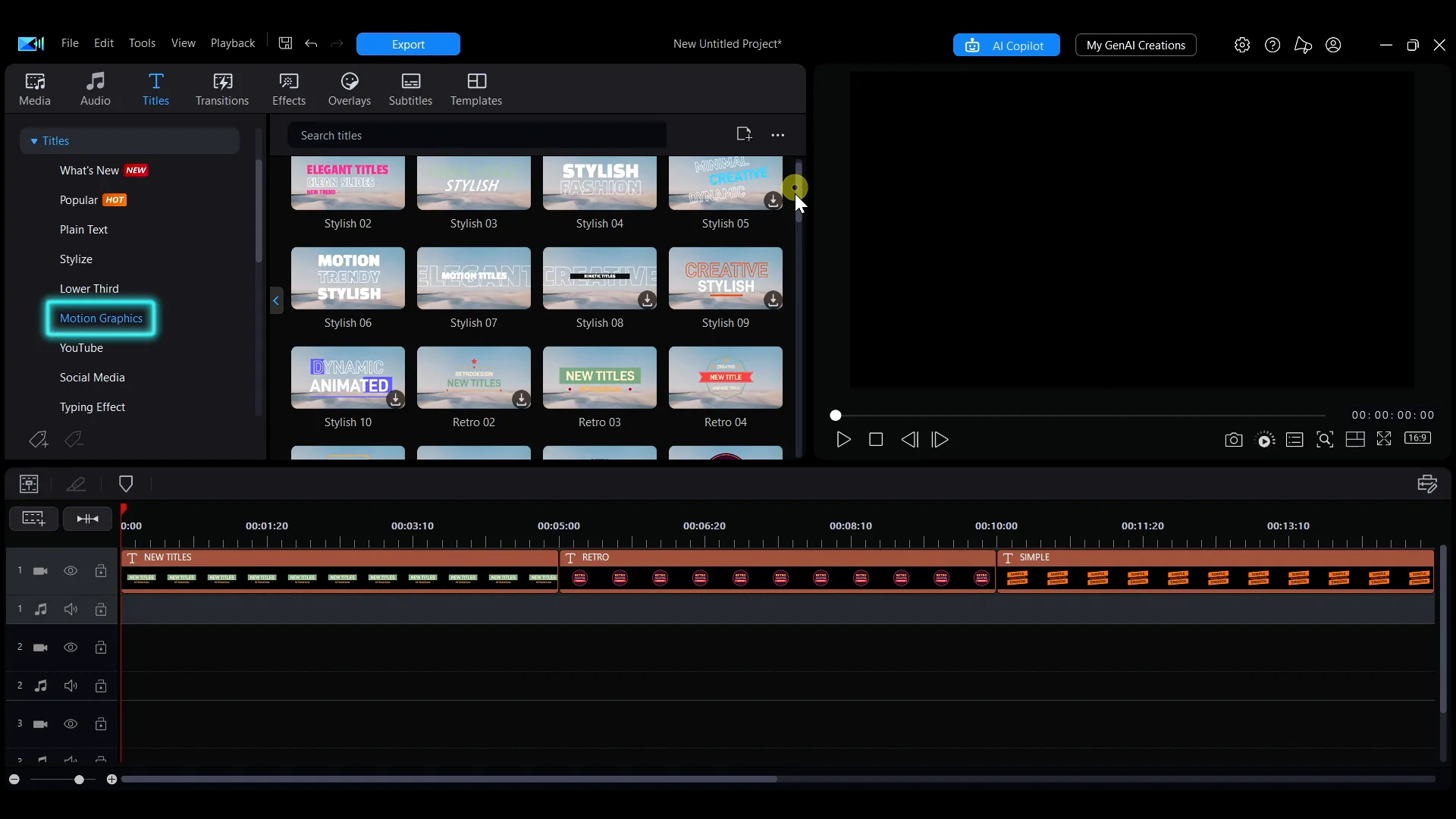 The Motion Graphics category in the Titles sidebar
