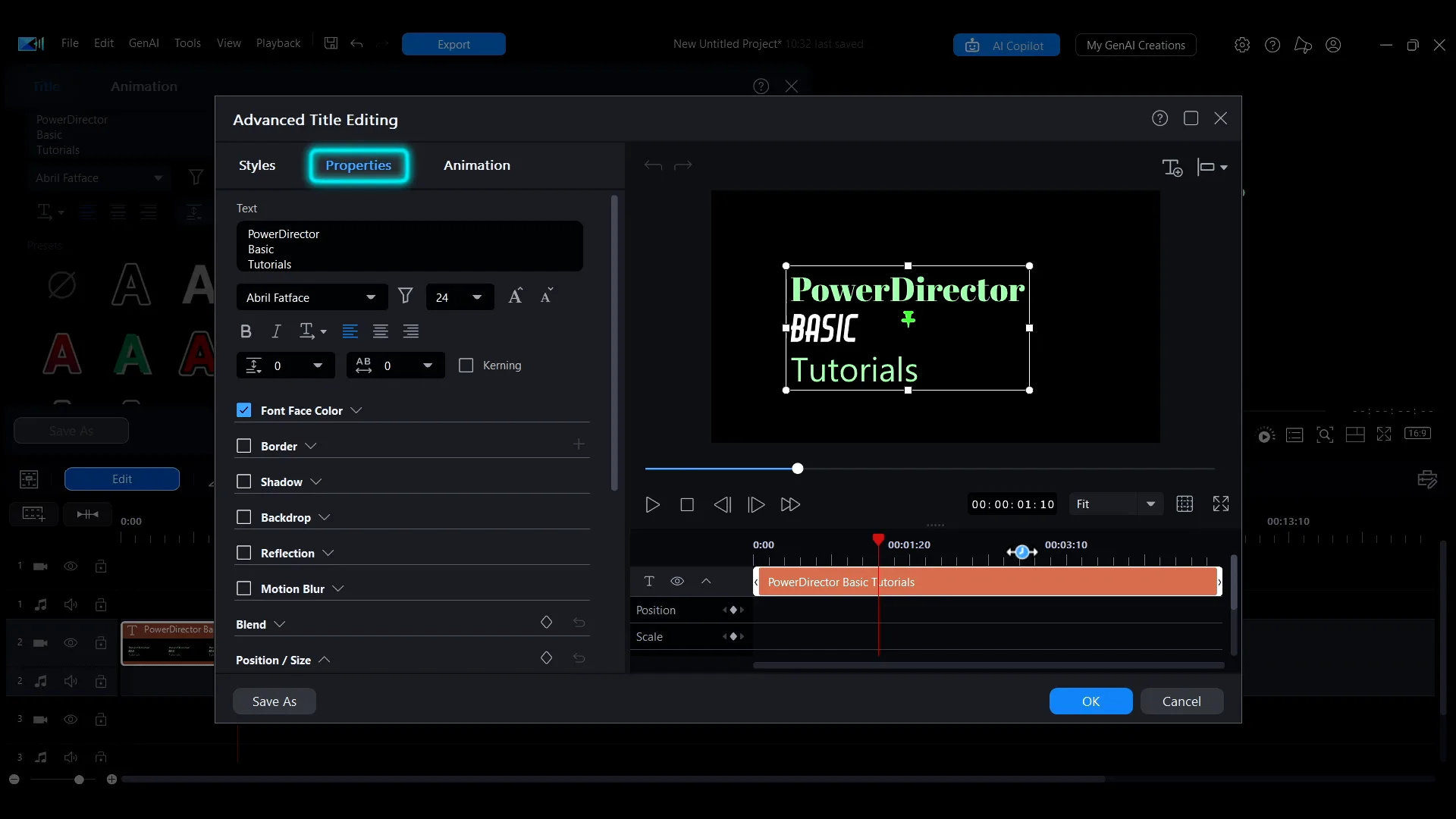 The Properties tab in the advanced title editing panel with Backdrop ticked