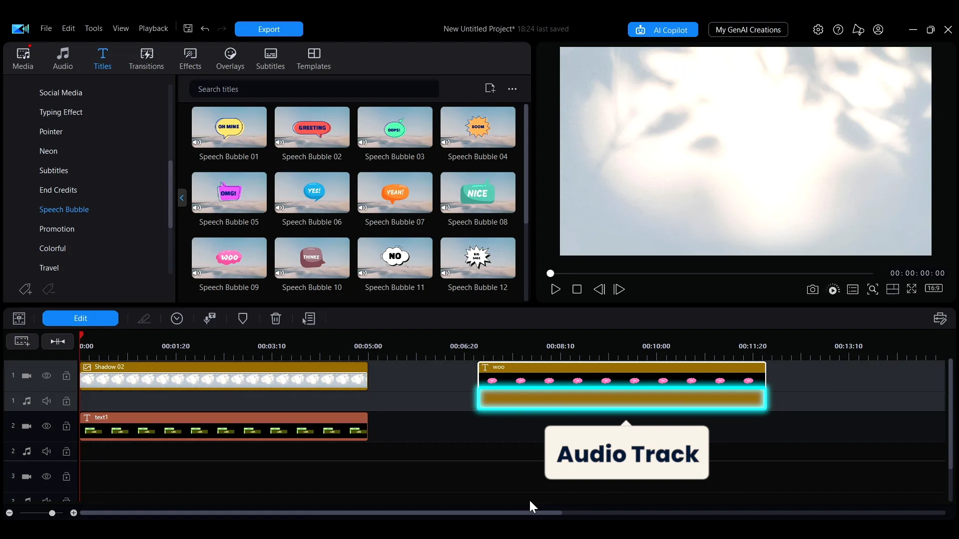 A title template with a sound effect and the audio track it adds to the timeline