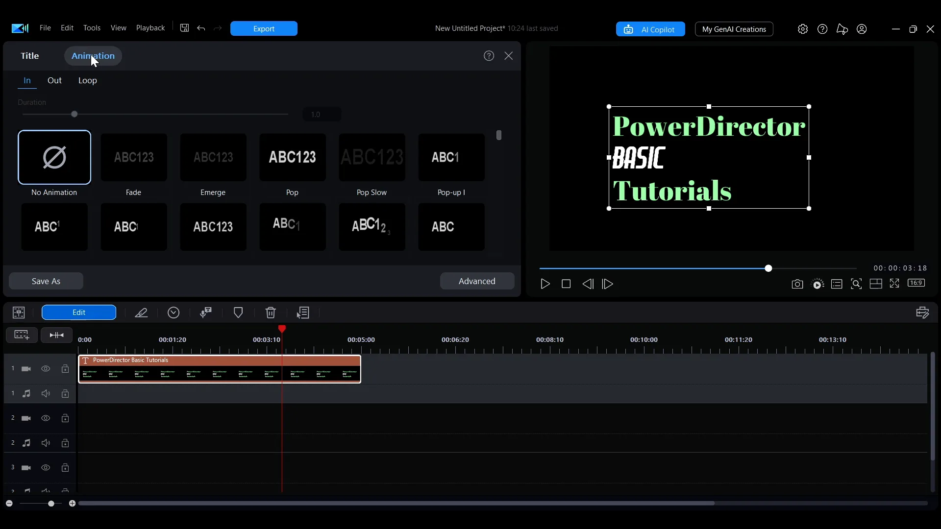 The Animation tab open in the PowerDirector title editing panel