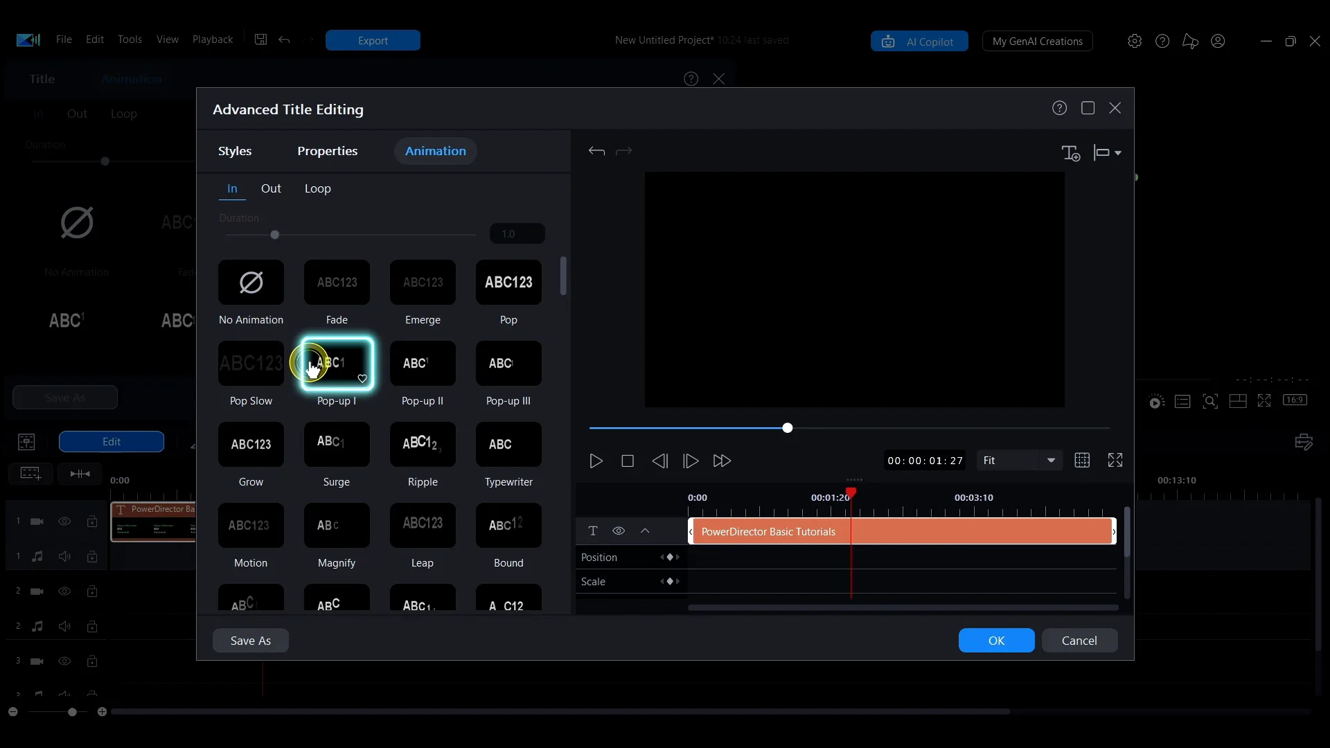 An animation range on the timeline in the advanced text editing window