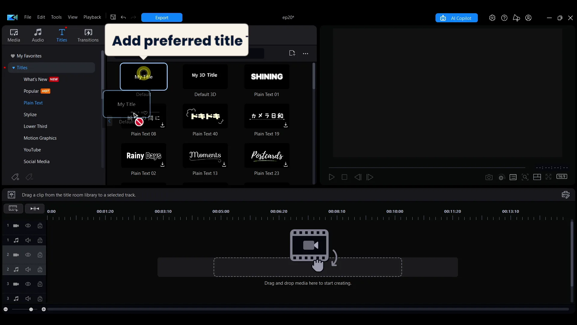 The Titles tab in the PowerDirector library with a template being added