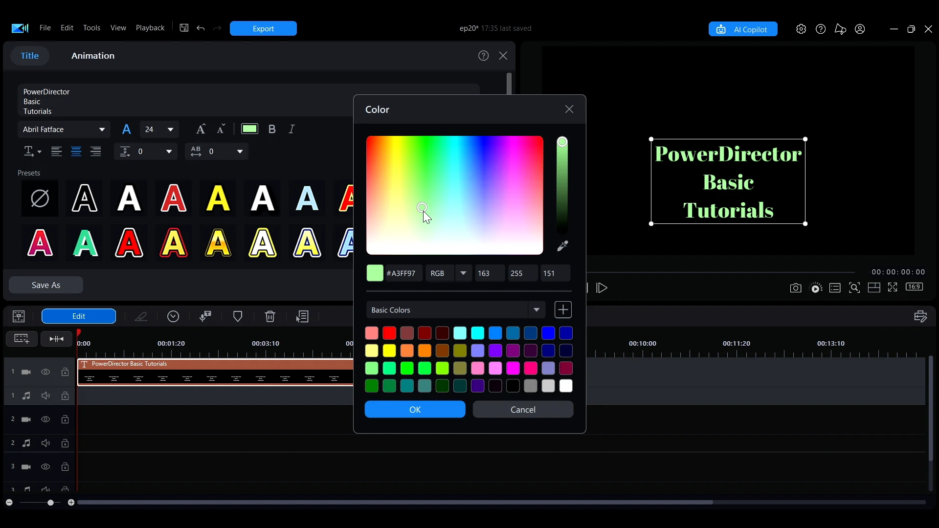 The Color window open for the title text color