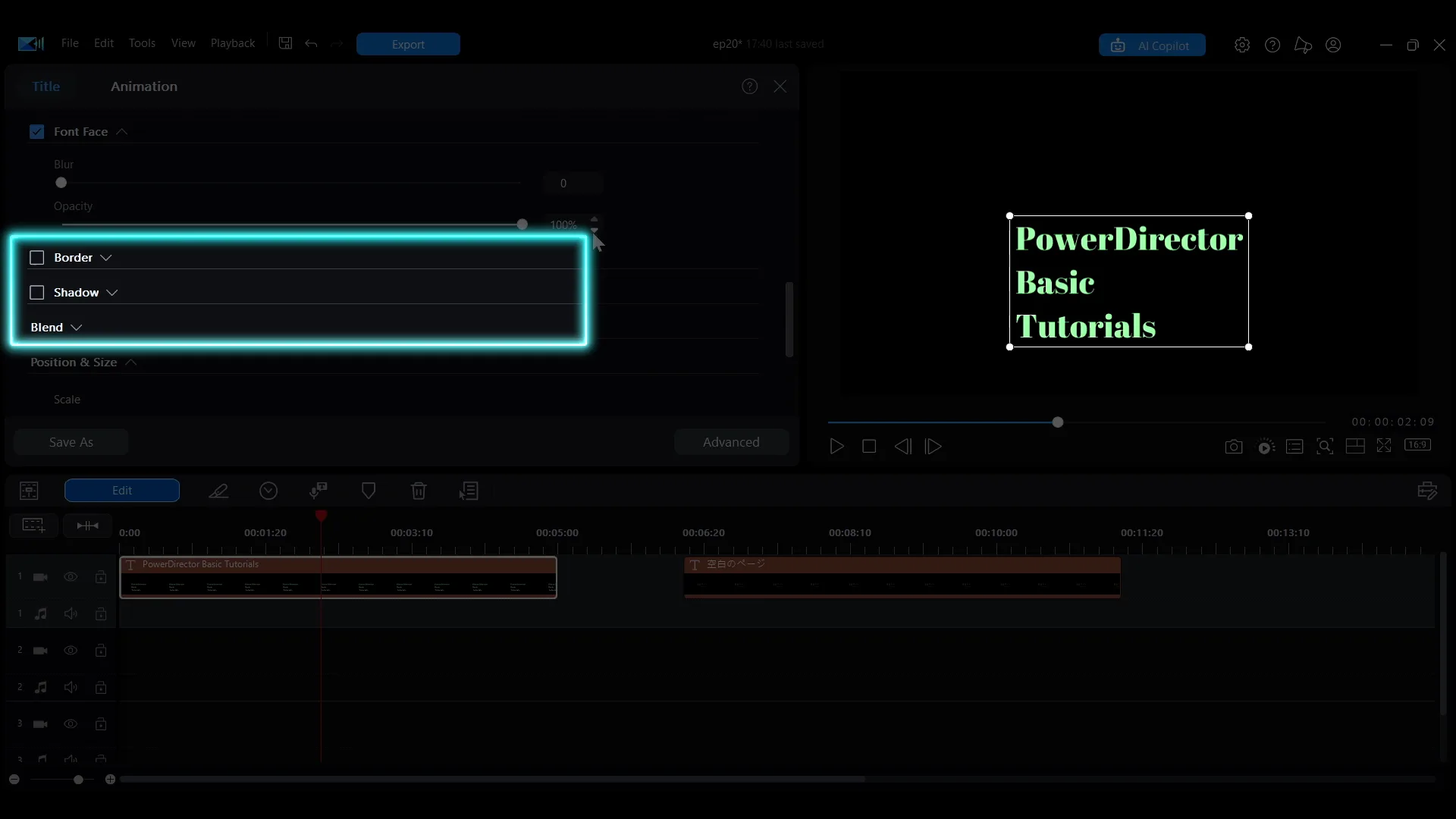 The border, shadow and blend settings in the lower half of the Quick Edit panel