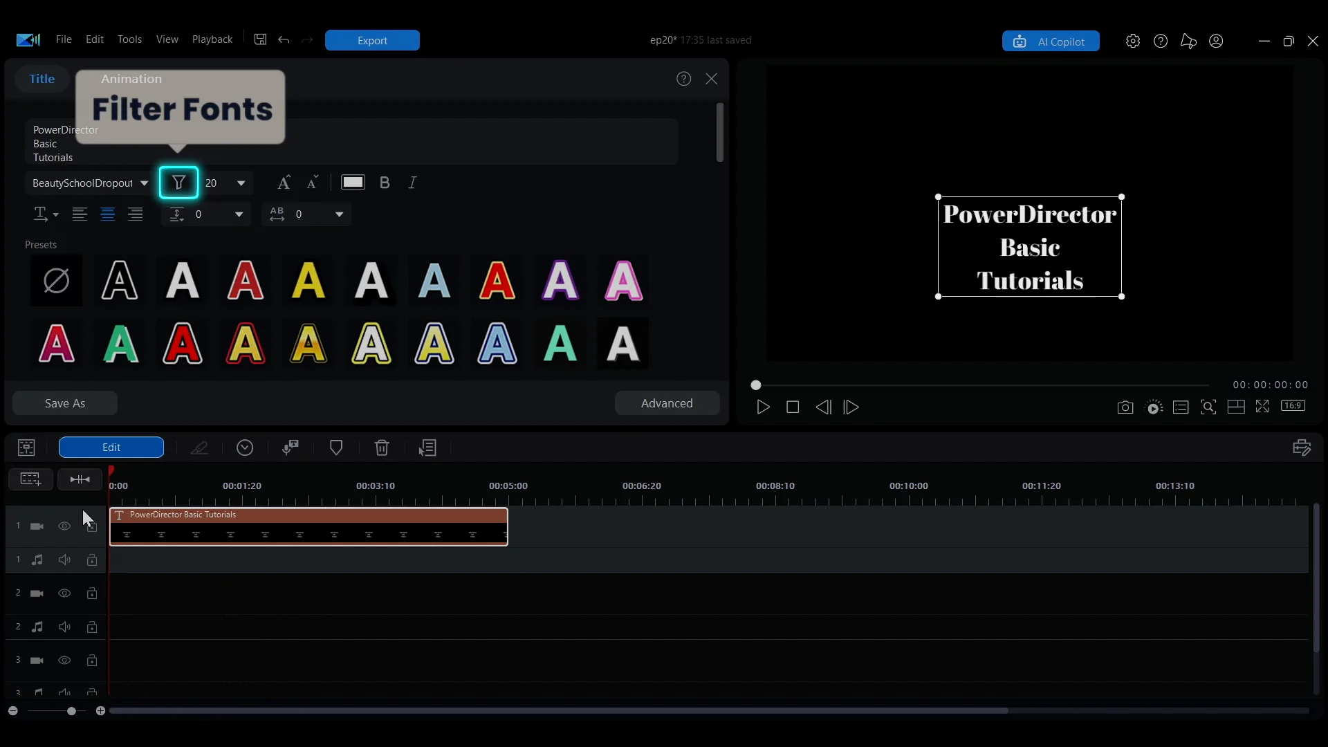 The font filter funnel icon narrowing the font list by language