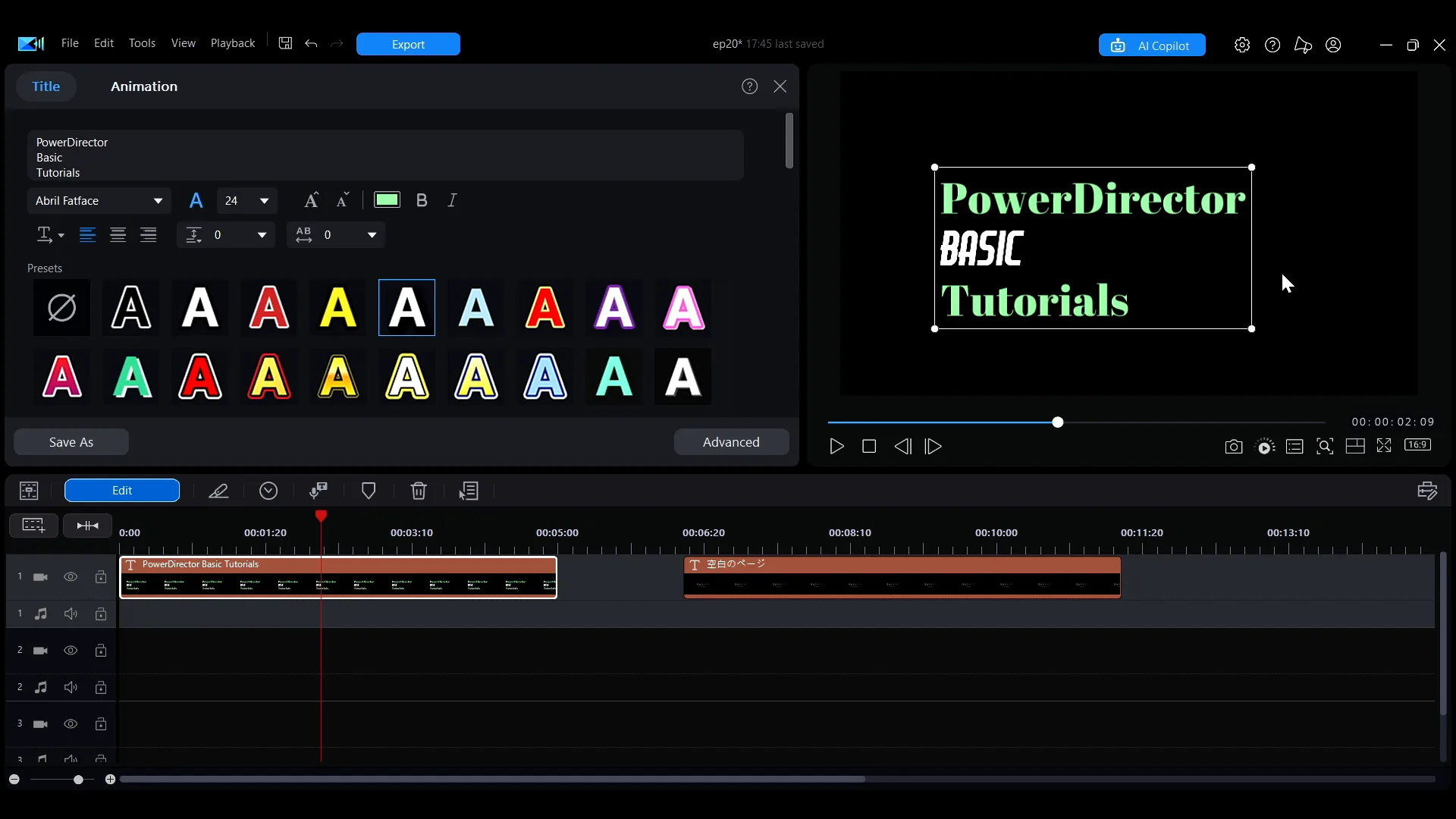 One word of a title selected in the preview and styled differently from the rest