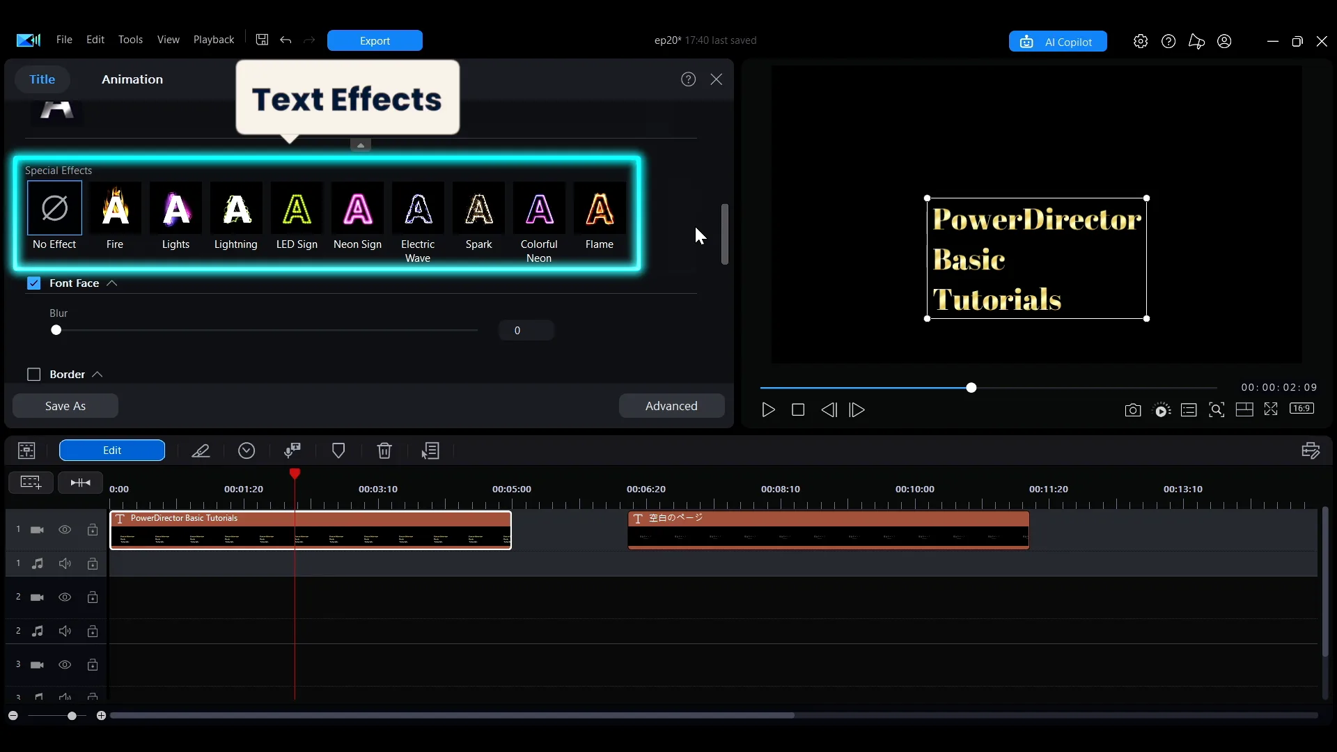 The text effects row in the Quick Edit panel
