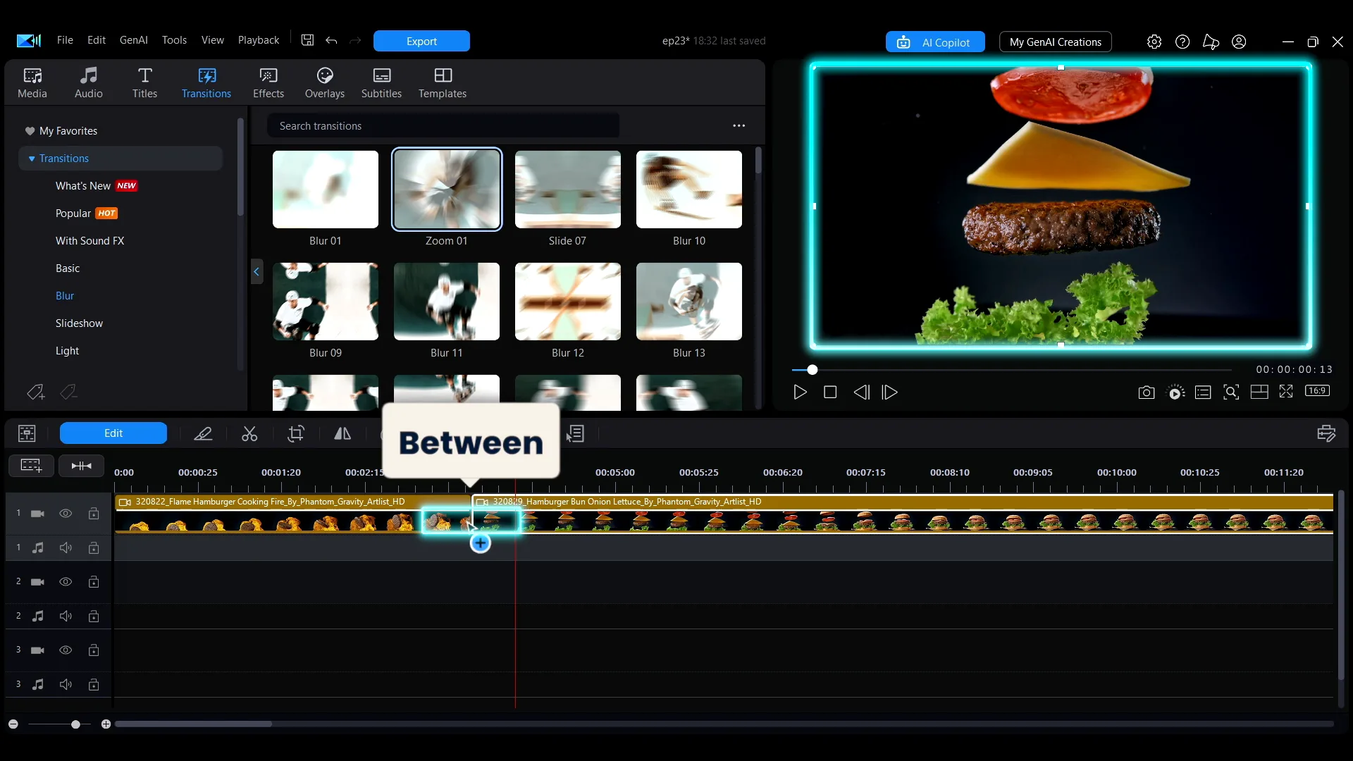 A transition being dropped onto the join between two clips on the PowerDirector timeline.