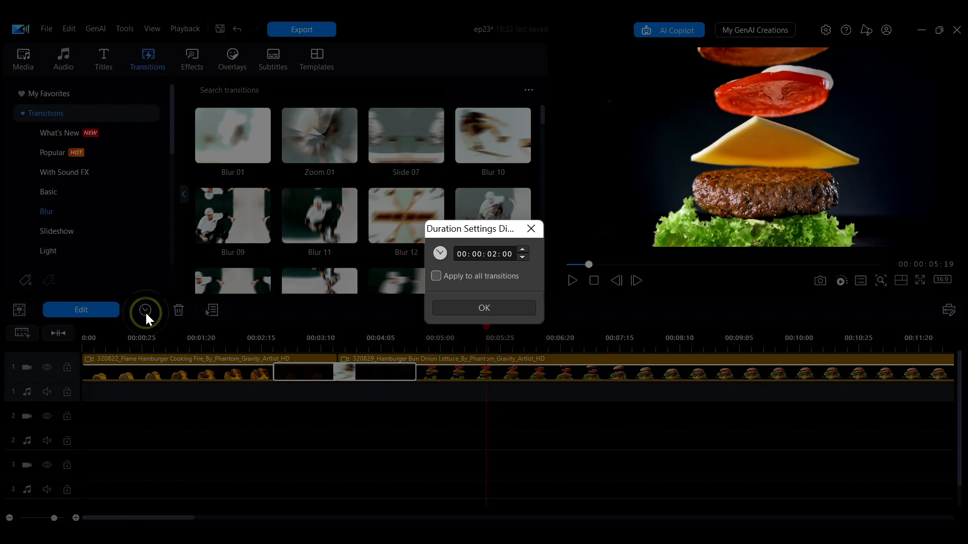 The Duration Settings dialog in PowerDirector, with a timecode field and an Apply to all transitions checkbox.