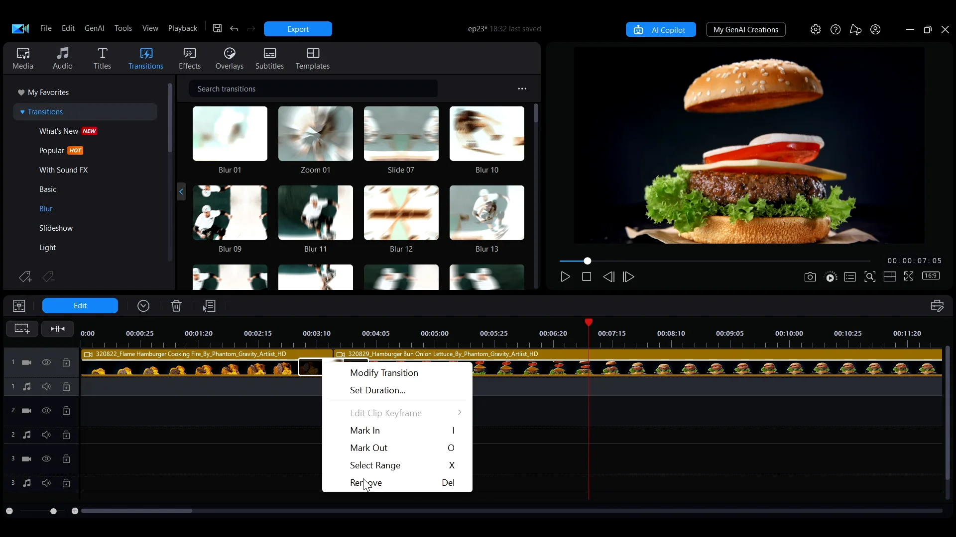 The right-click menu on a transition in PowerDirector, showing Modify Transition, Set Duration, and Remove with the Del shortcut.