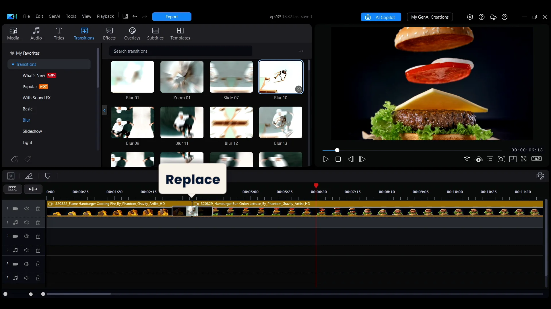 A new transition being dragged onto a transition already on the PowerDirector timeline, replacing it.