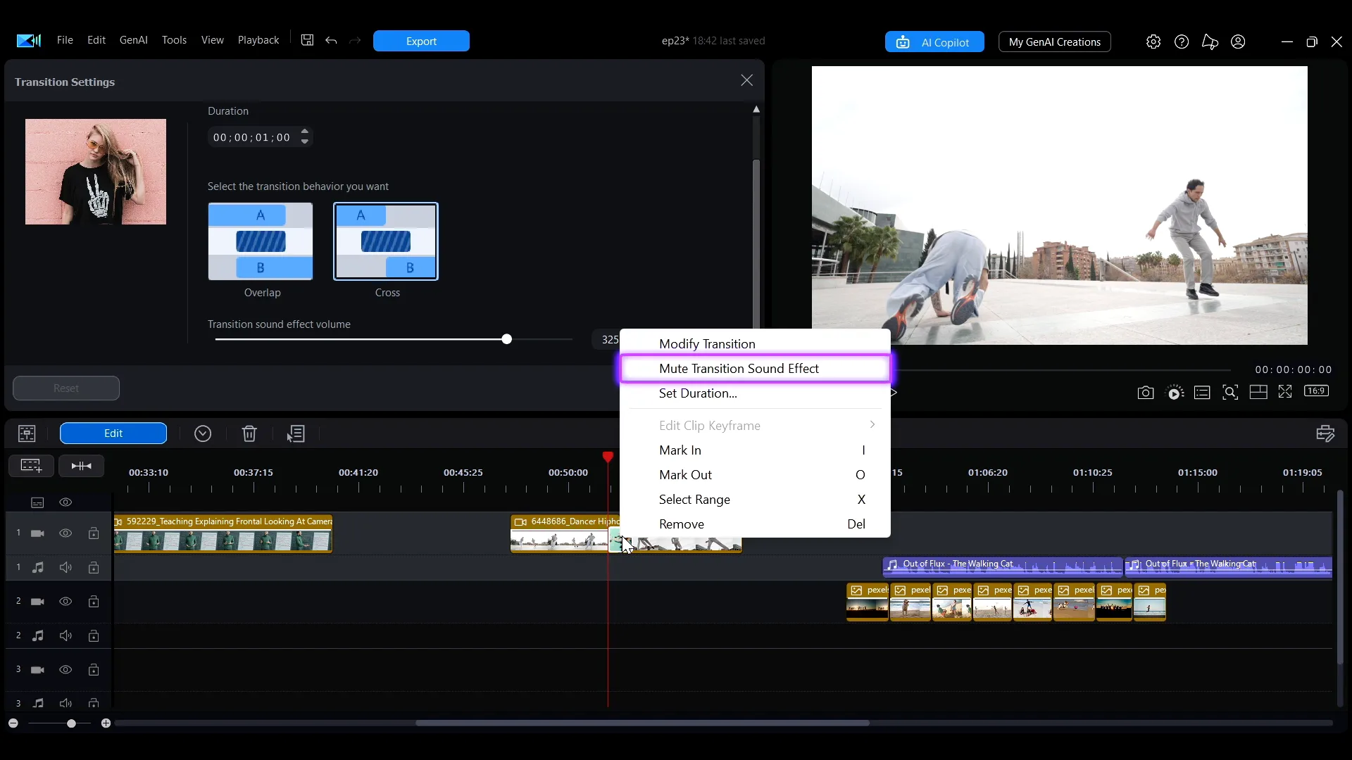 The Transition Settings dialog in PowerDirector showing the transition sound effect volume slider, beside the right-click menu with Mute Transition Sound Effect.