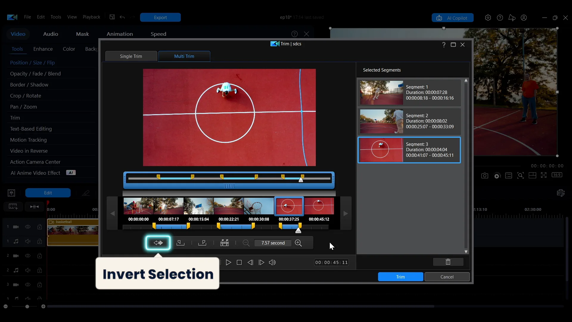 The invert selection control in the Multi Trim window