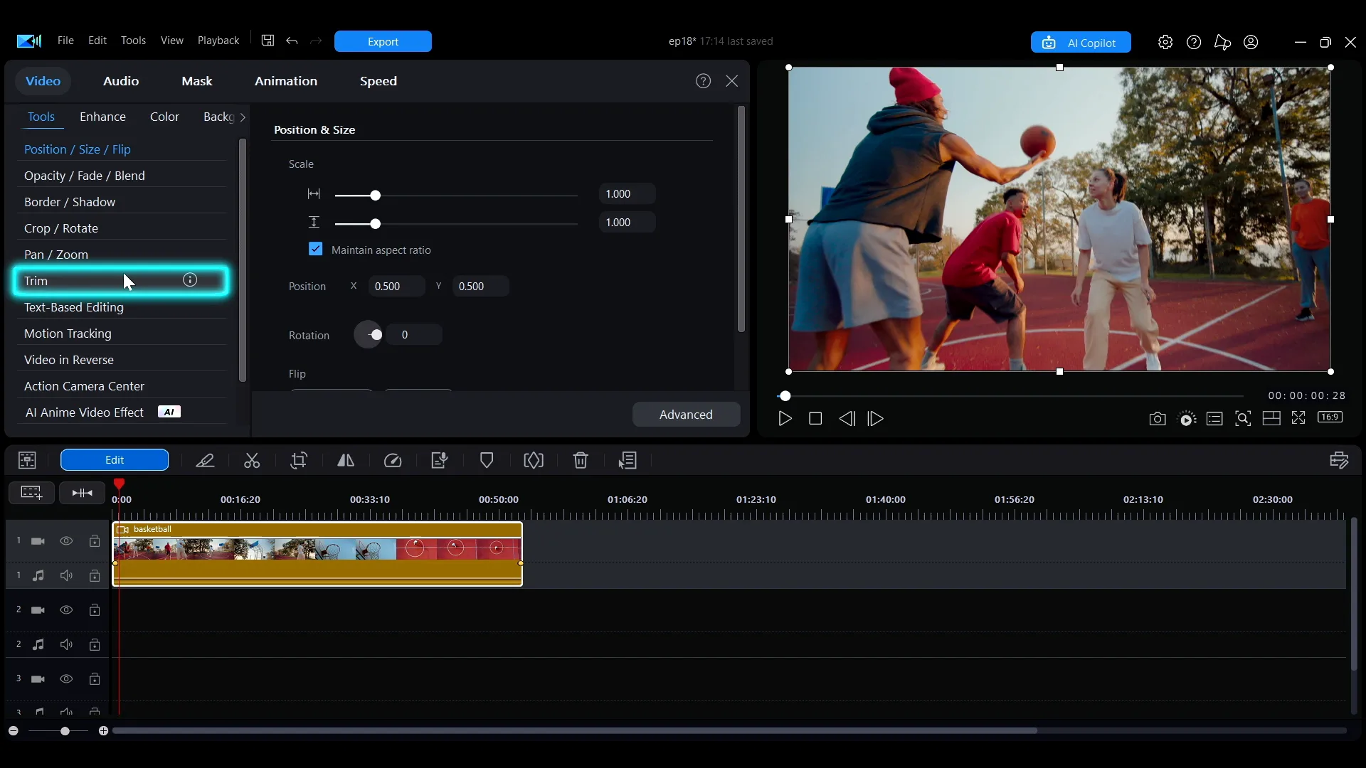 The PowerDirector Edit panel with Trim selected in the Tools list