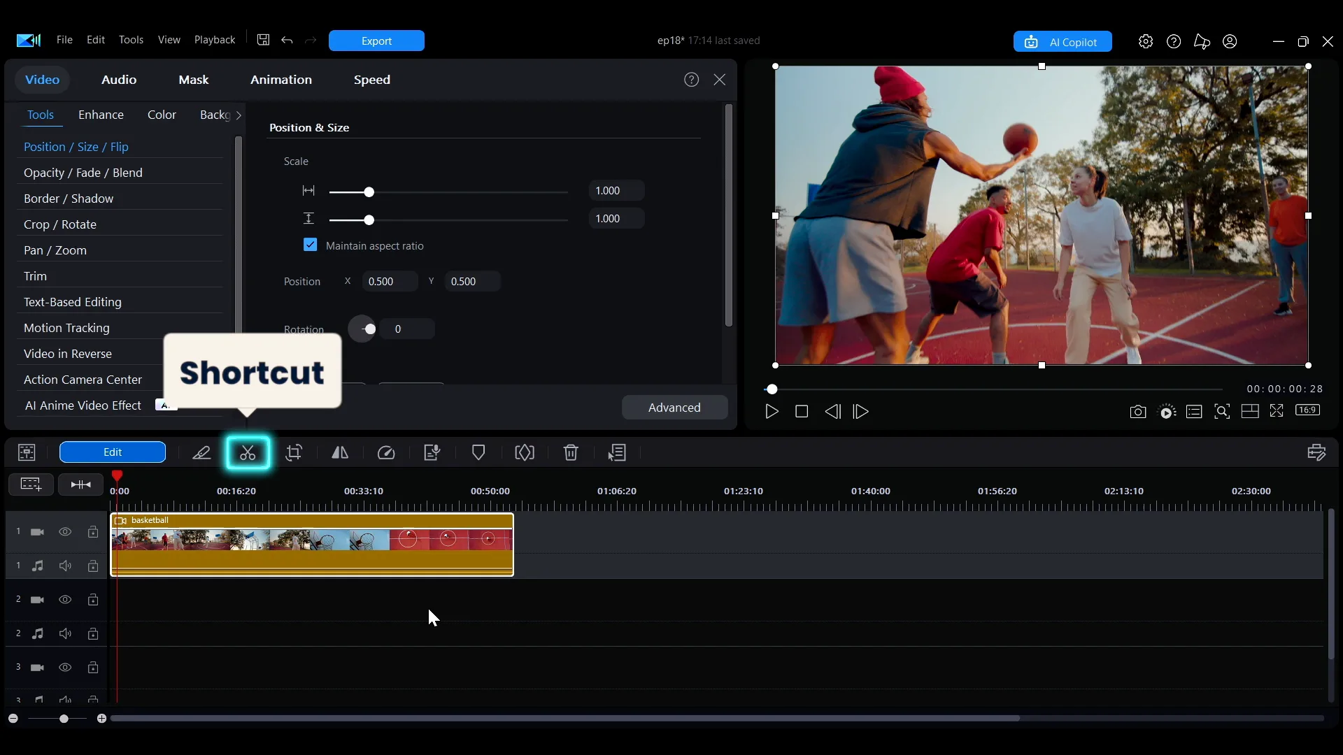 The scissor shortcut button above the PowerDirector timeline