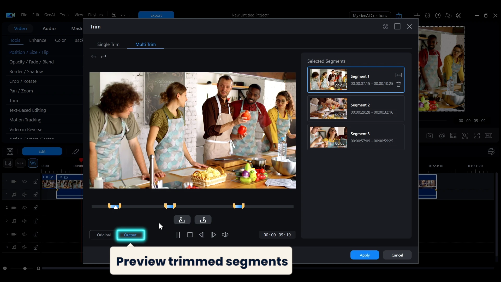 A callout in PowerDirector reading preview trimmed segments, beside the Original and Output buttons in the Trim window.
