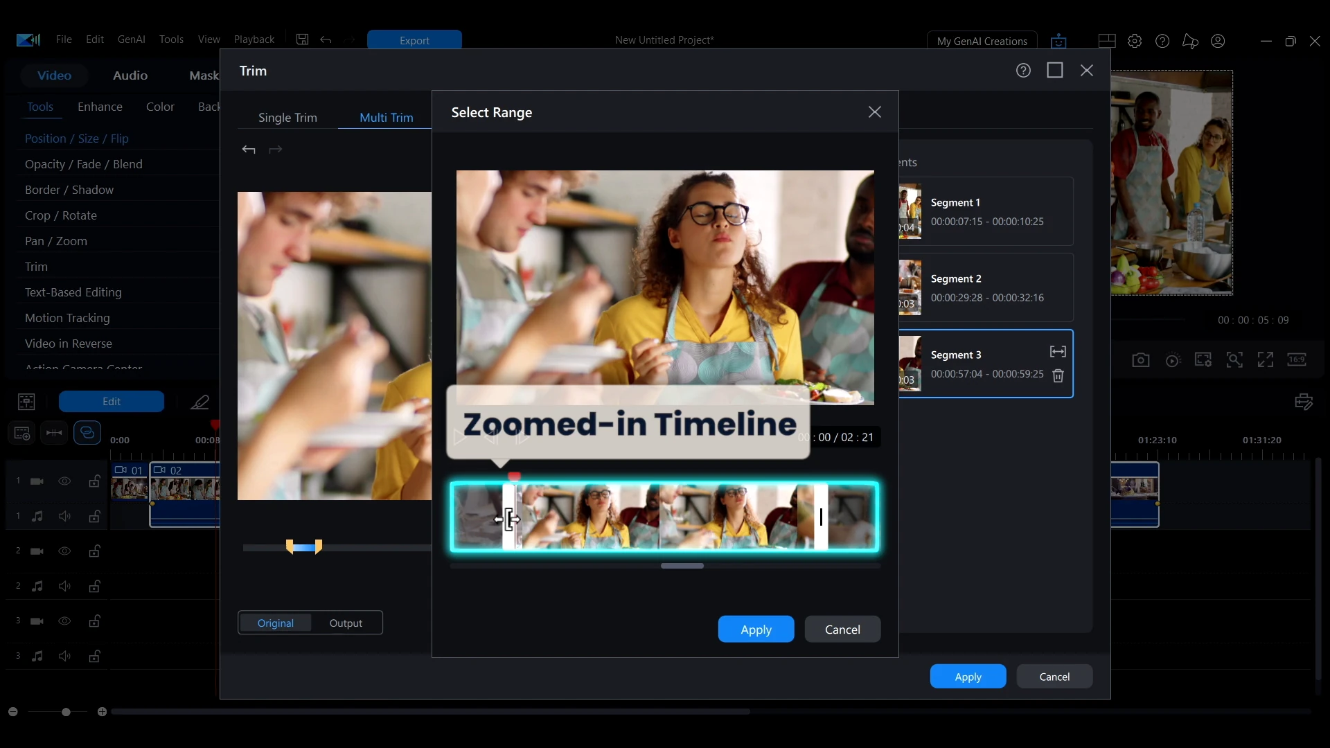 A callout in PowerDirector reading zoomed-in timeline, after using Select Range on a trimmed segment.