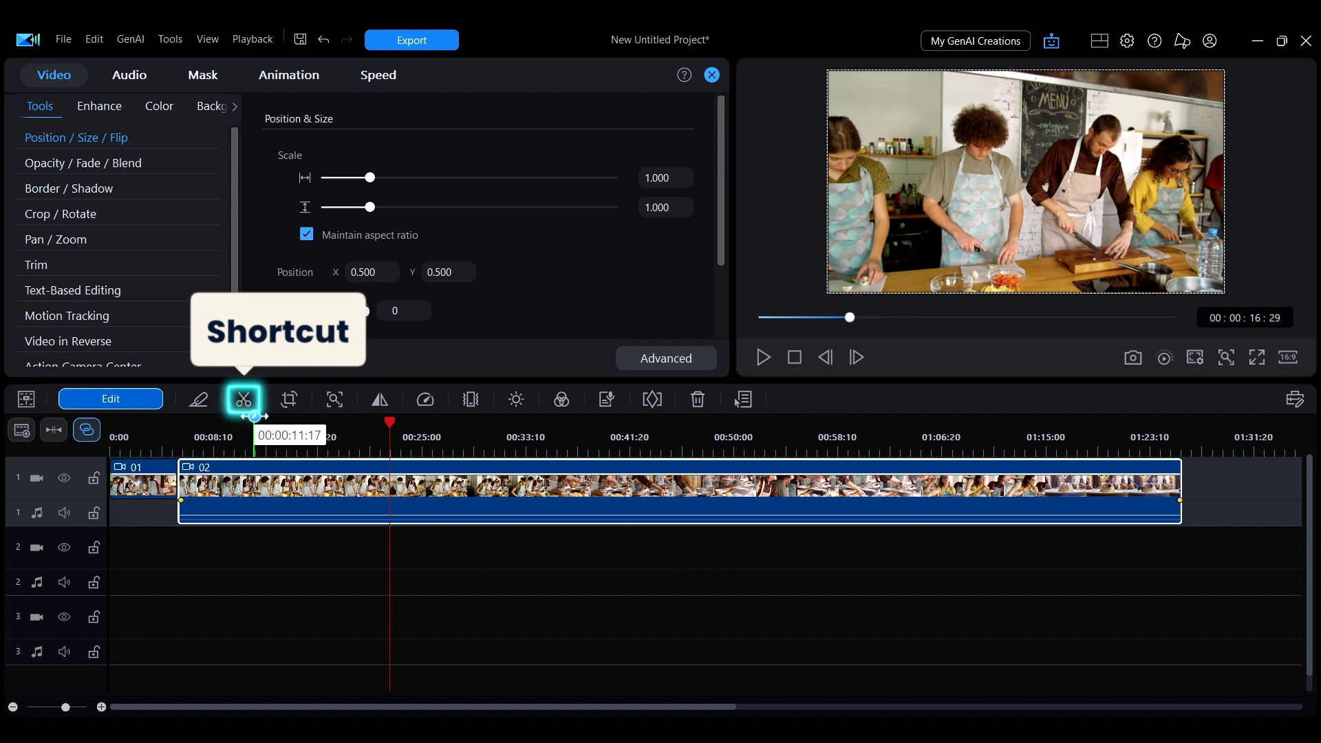 A callout in PowerDirector reading shortcut, pointing at the scissor icon above the timeline.
