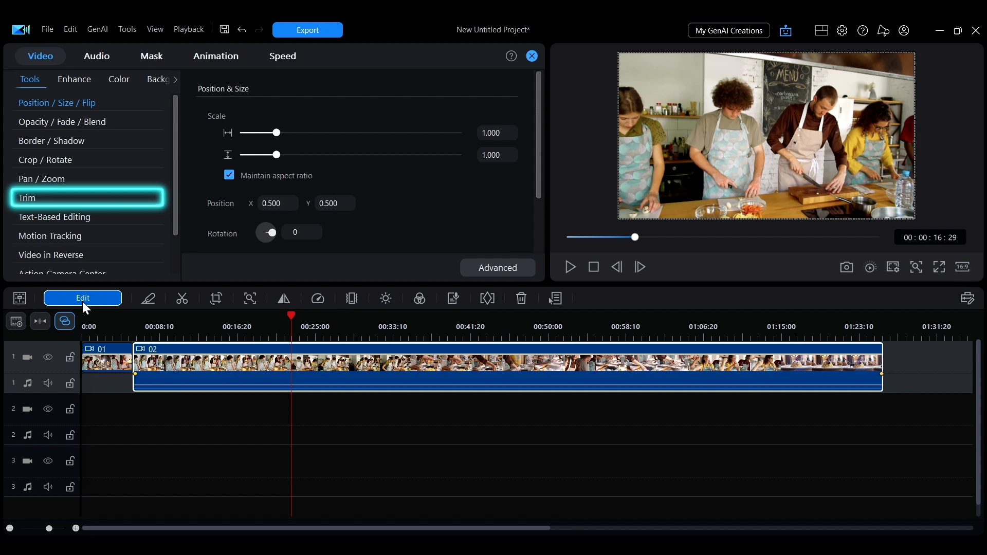 The Trim entry highlighted under Tools on the Video tab in PowerDirector.