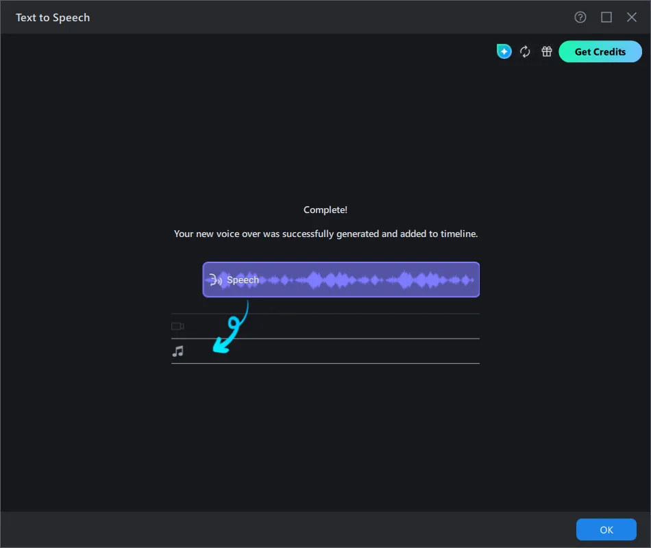 A completion message in the PowerDirector Text to Speech window with the generated audio waveform.