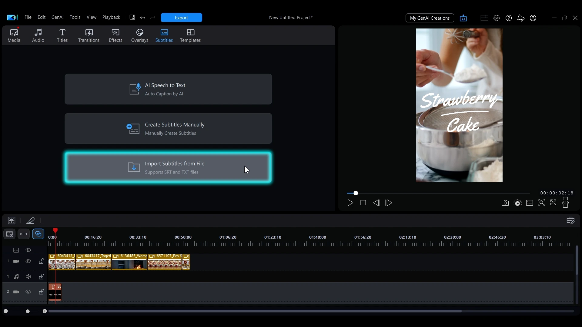 The Import Subtitles from File option highlighted in the Subtitles menu in PowerDirector.