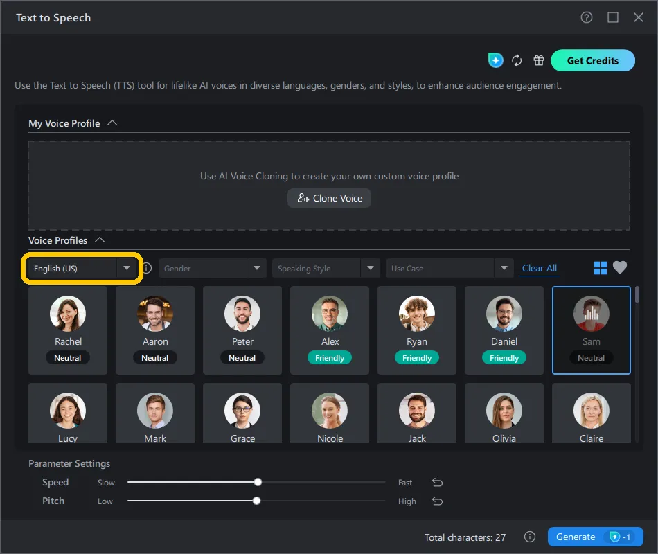 The language dropdown open in the Text to Speech window in PowerDirector, listing several languages.
