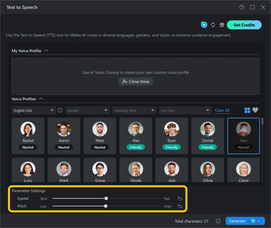 The Parameter Settings section of the PowerDirector Text to Speech window with speed and pitch sliders.