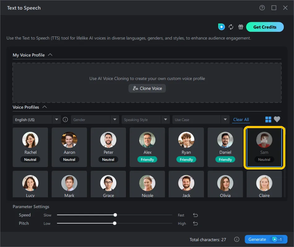 A callout in the PowerDirector Text to Speech window reading preview voice, over the grid of voice cards.