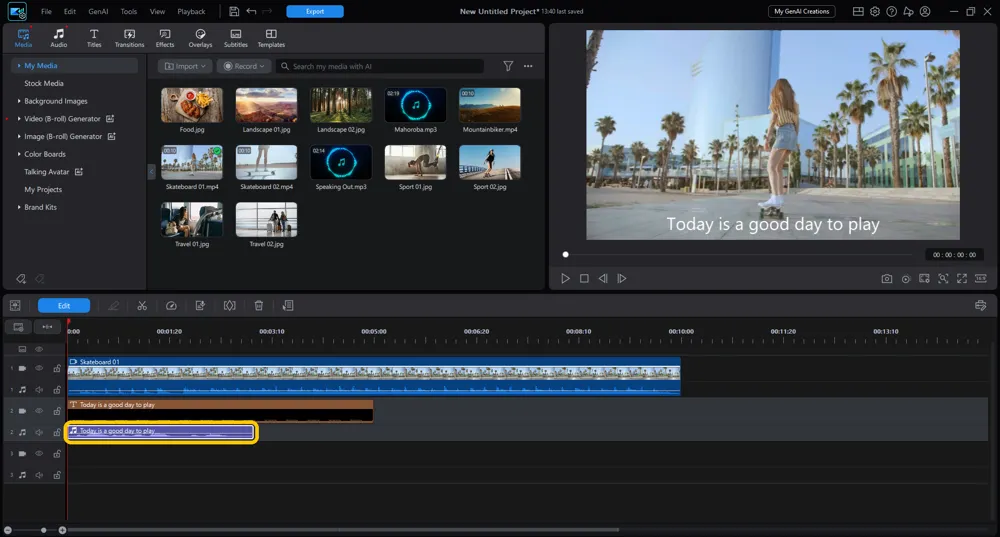 The generated speech placed on the PowerDirector timeline beneath the subtitles it was made from.