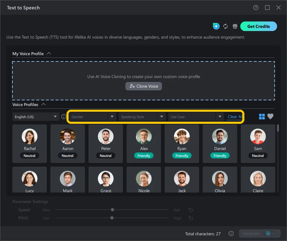 The gender, speaking style and use case filters above the voice grid in the PowerDirector Text to Speech window.